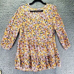 Cato Top Womens Size 14/16W Multicolor Floral Tiered Long Sleeve V-Neck Blouse